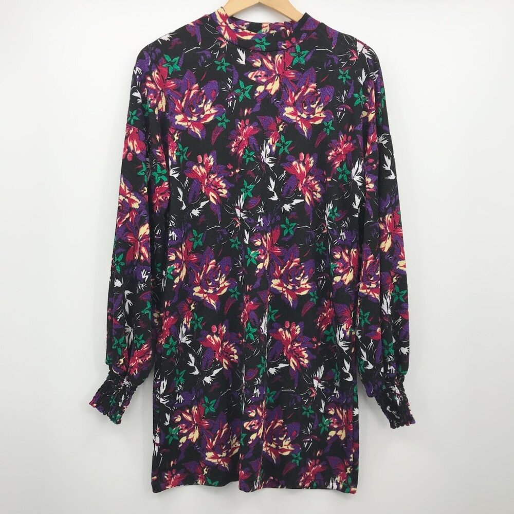 Zara Trafaluc Floral Long Smocked Sleeve Mock Neck Dress Black Multicolor Small